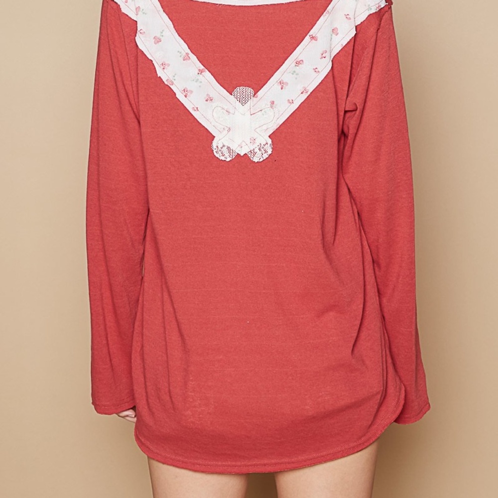 Pol Clothing Red Lace Flower Patch Relaxed Fit Long Sleeve V Neck Top Size lg - Picture 7 of 8